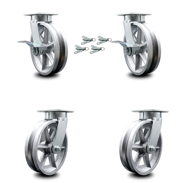 Service Caster 8 Inch Kingpinless V Groove Semi Steel Wheel Caster Swivel Locks 2 Brakes, 4PK SCC-KP30S820-VGR-SLB-BSL-2-BSL-2 - main